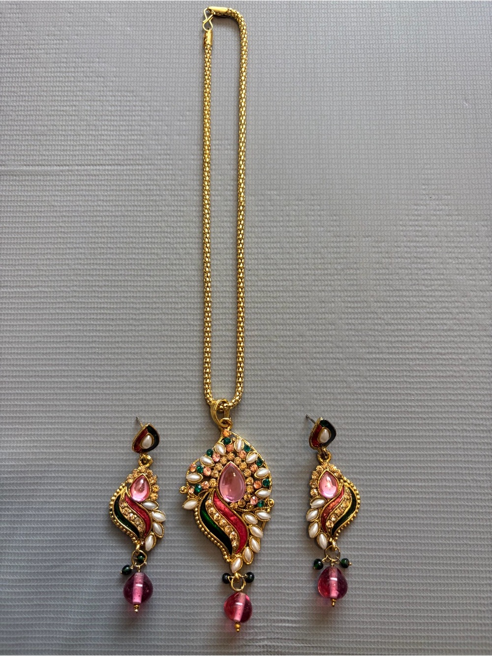 Gold-Tone Pink Multi-Stone Pendant Necklace & Earring Set - Women's Jewelry